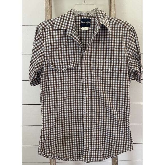 Wrangler MWR278M Men's Snap Button Western Shirt Short Sleeve Brown Plaid Size M - Picture 1 of 6